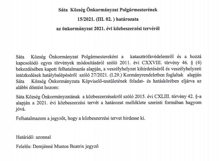 Sáta Község Önkormányzat Polgármesterének 15/2021. (III. 02.) sz. határozata a 2021. évi közbeszerzési tervről